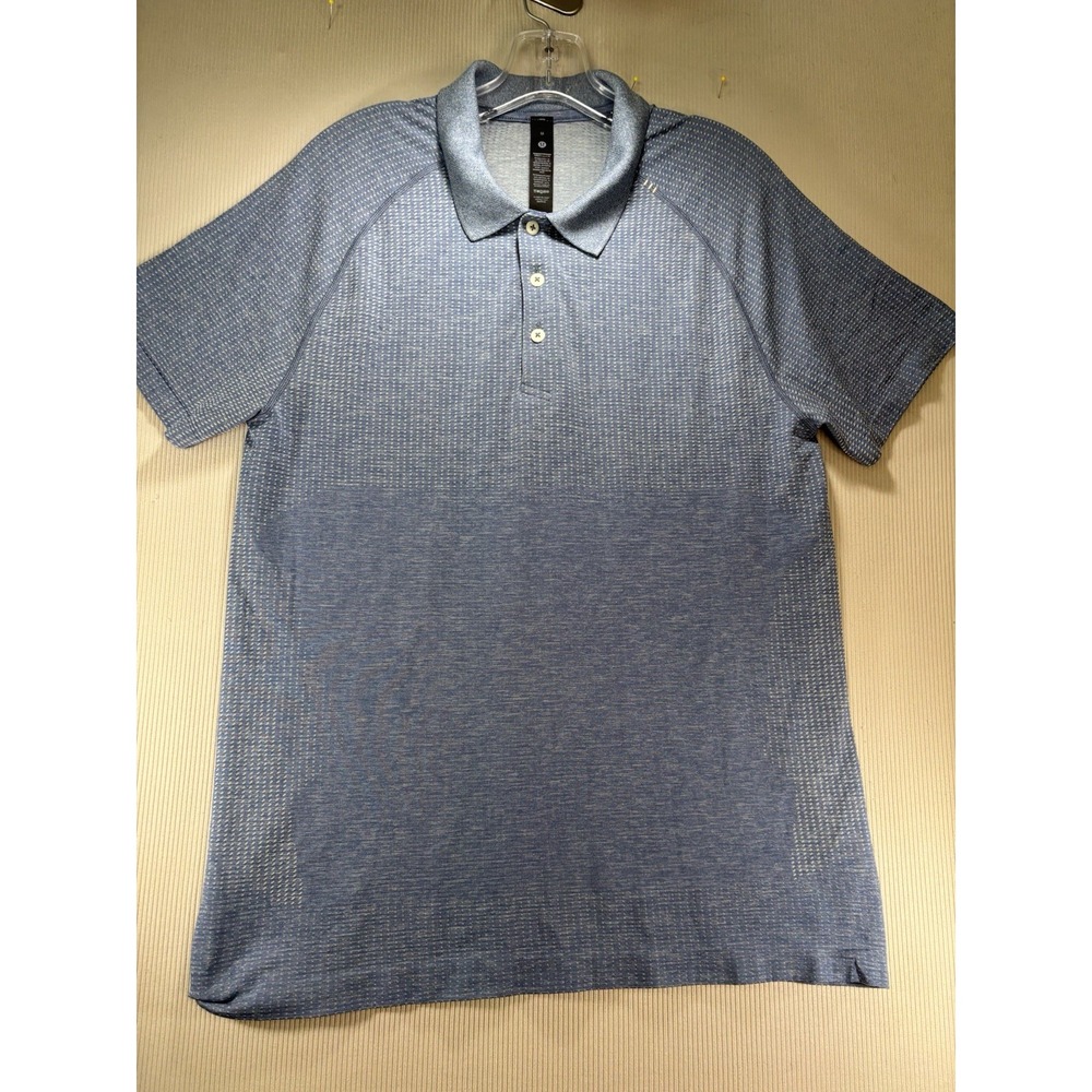 Lululemon Metal Vent Tech Polo Men Medium Grey Blue Stripe Excellent Athletic